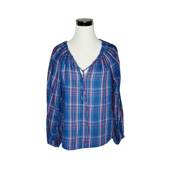GAP Blue Red White Plaid Keyhole Blouse Women’s Size Small - Picture 2 of 7
